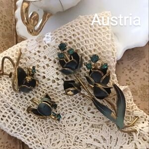 Antique Floral Jewelry Set with Green Accents Marked Made In Austria